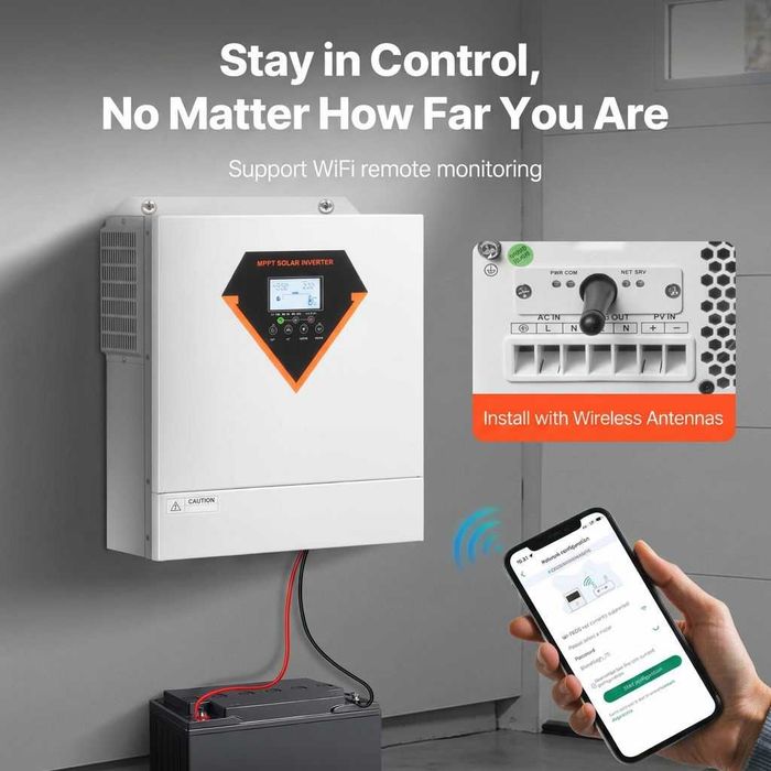 Invertor solar hibrid 3500W, 24V DC la 220/230V AC, controler MPPT 100A, sinus pur, monitorizare WiFi