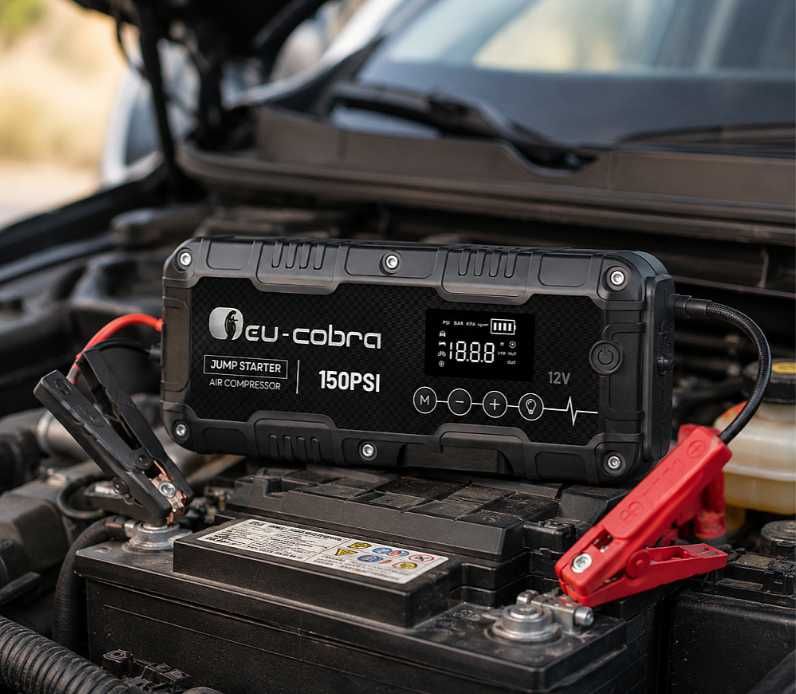 Нов Джъмп стартер Eu-Cobra 4 в 1 с 24000 mAh, компресор 150 PSI старт бустер 4000A + компресор + power bank + фенер запалете Модел q10 и q29