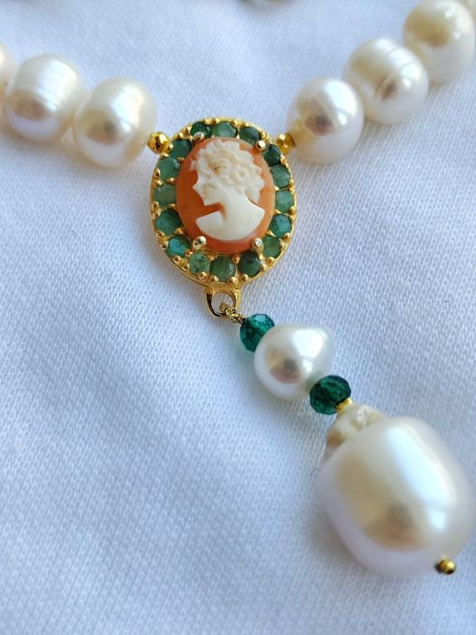 925- Colier Argint Cu Perla Naturala, Smarald , Camee