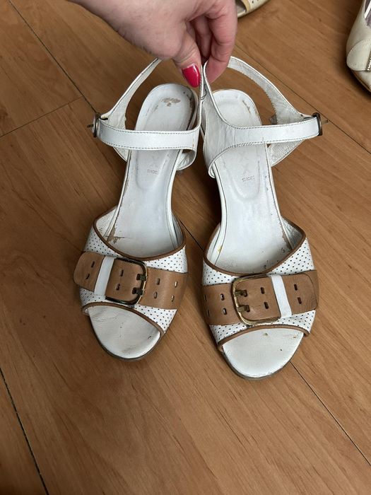 Дамски кожени сандали в бежово и бяло 38 номер