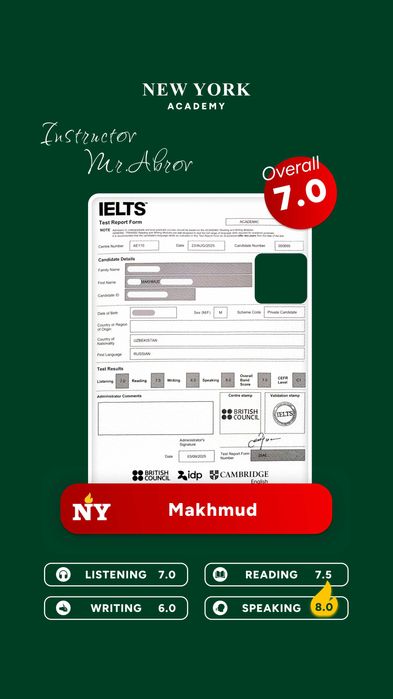 AQSHda o'qib kelgan IELTS 8.0 ustozdan ONLINE Ingliz tili va IELTS