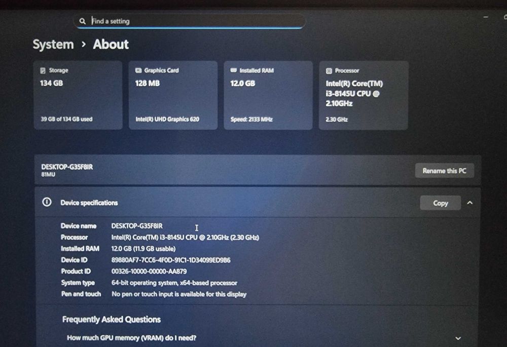 Laptop Slim Lenovo 13" Full HD, i3-8145u, 12 GB DDR4, SSD 128 + 16 GB