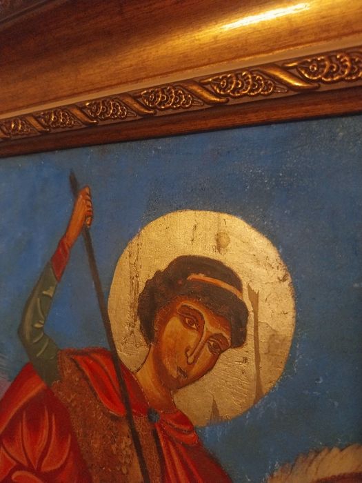 Icoană „Sfântul Gheorghe ucigând balaurul” – pictură pe panou de lemn, 50 × 60 cm