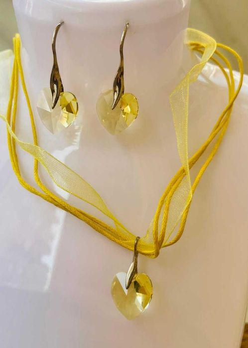 Set cercei si pandantiv Swarovski, pandantiv inima light topaz si accesorii din argint 925