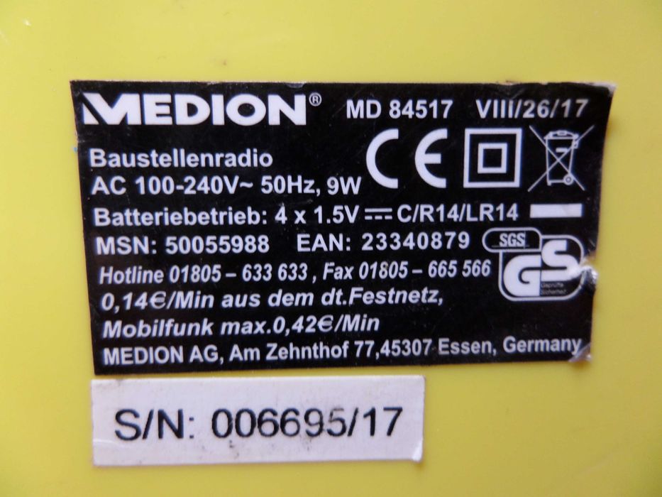 Radio santier Medion Germany cu bluetooth,aux, la priza si pe baterii