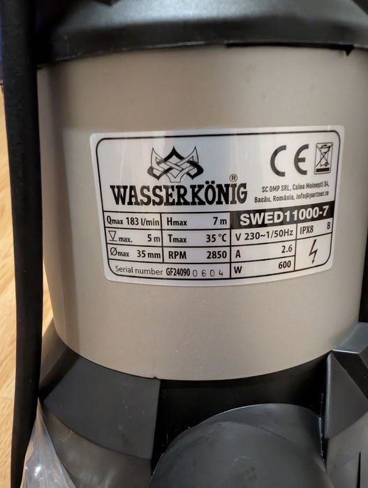 Pompă submersibilă ape murdare Wasserkönig SWED11000-7, 600W – NOUĂ la cutie