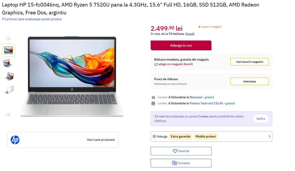 Laptop HP 15-fc0046nq, AMD Ryzen 5 7520U pana la 4.3GHz, 15.6" Full HD, 16GB, SSD 512GB, AMD Radeon Graphics