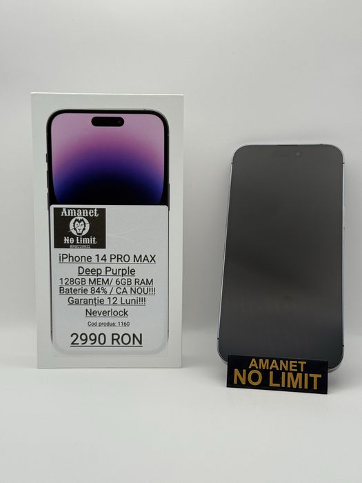 iPhone 14 Pro Max 128GB Purple CA NOU Baterie 84% Garantie 1An.
