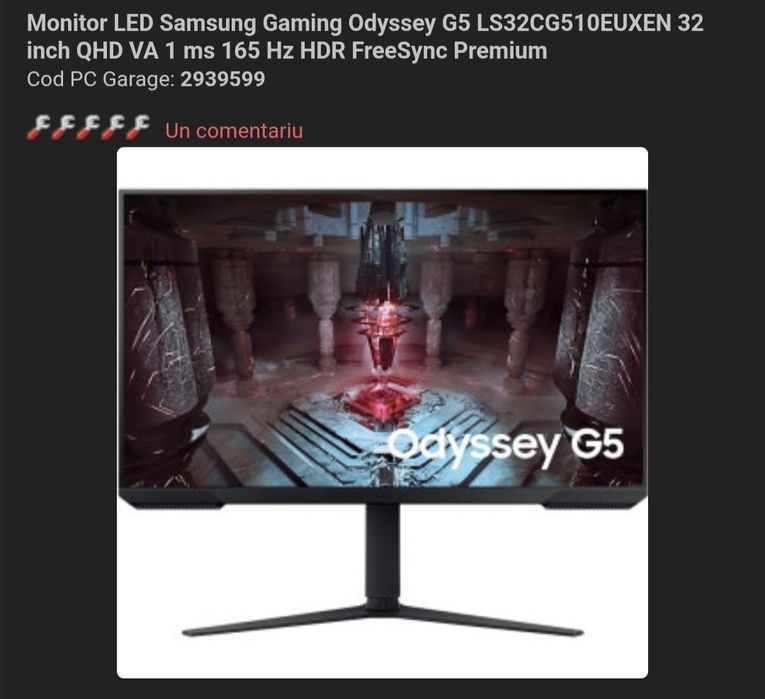 Monitor LED Samsung Gaming Odyssey G5 LS32CG510EUXEN 32 inch QHD