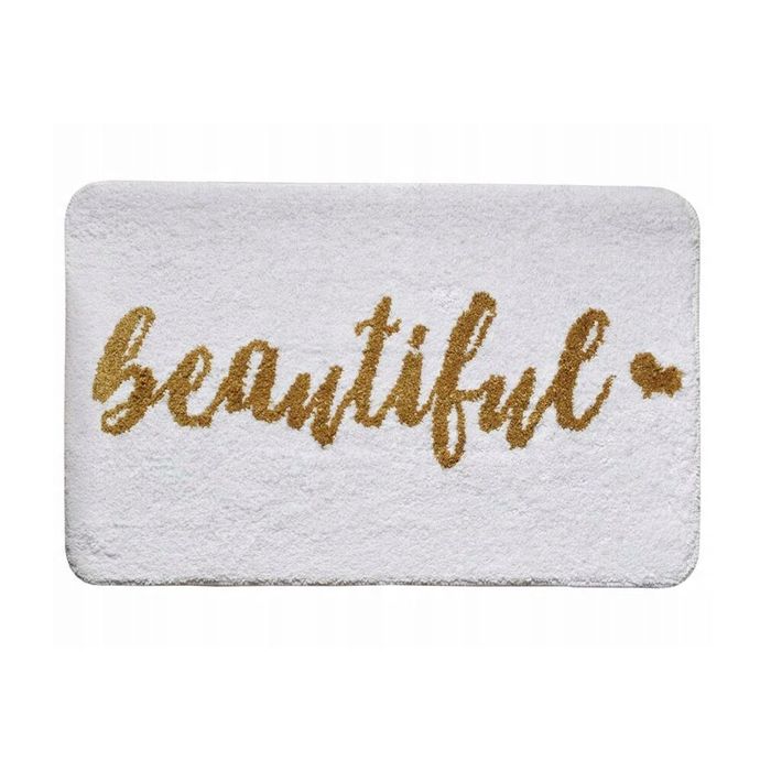 Covoras pentru baie antiaderent, pufos, 50x80 cm, alb cu auriu, Sepio