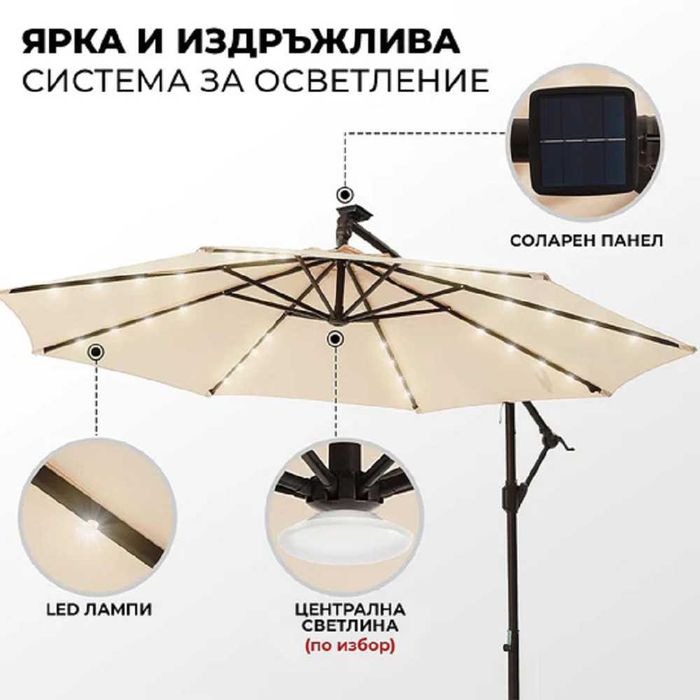 Градински Чадър 3 метра с UV защита + LED осветление