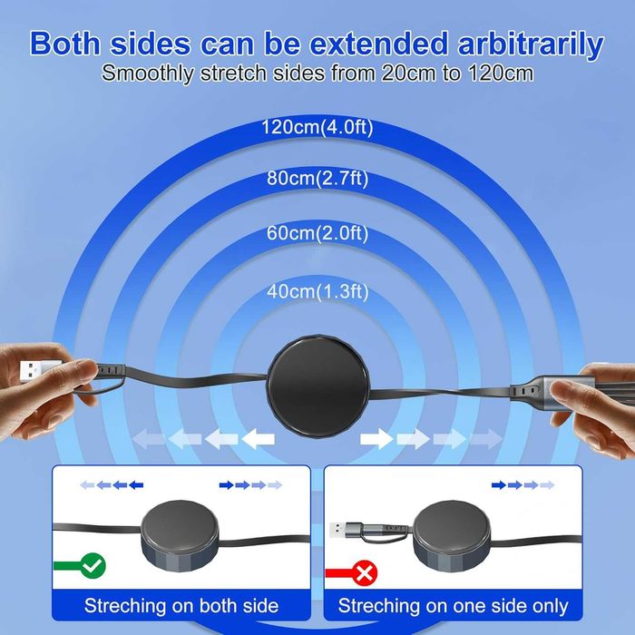 4 в 2 USB C/A прибиращ се кабел за бързо зареждане, 100 W, MFi