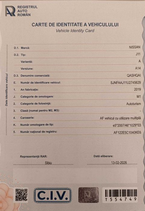 Vand Nissan Qashqai, an fabricatie 2019, pret 13.299 euro.( persoana juridica, se emite factura)