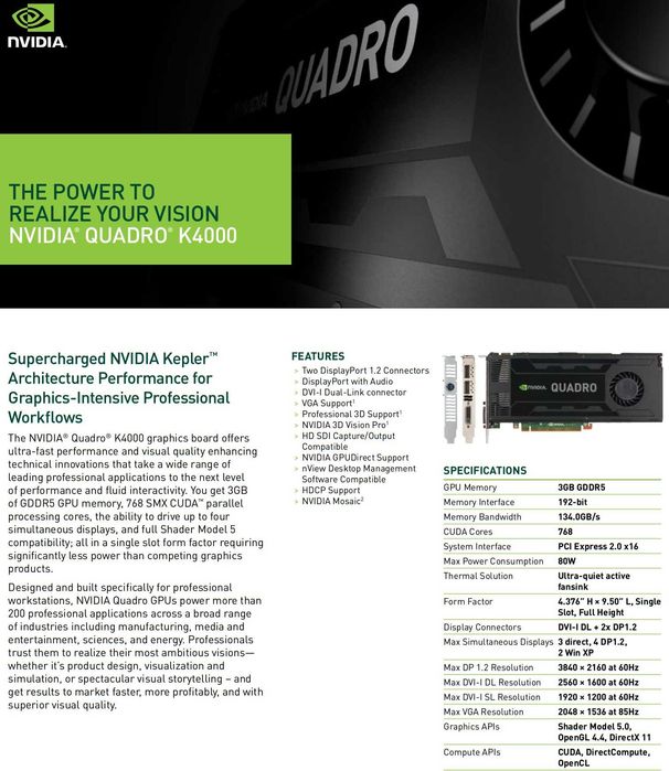 Видео карта GPU NVIDIA Quadro K4000 3GB GDDR5 192bit DisplayPort DVI