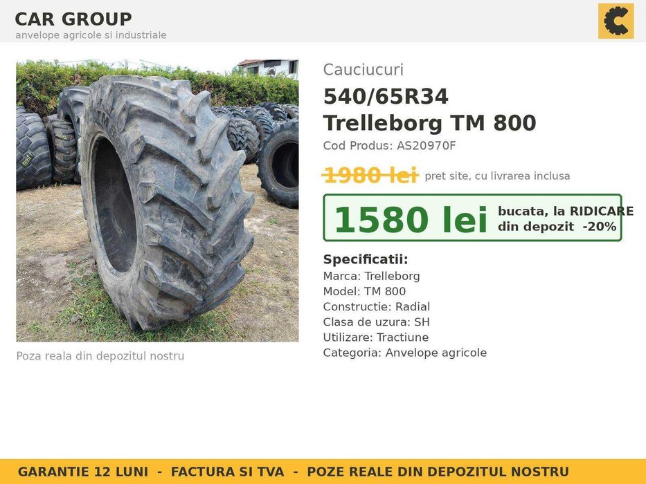 Cauciucuri 540/65R34 Trelleborg TM800 ANVELOPE Tractor Spate 4x4 Deutz Valtra Steyr SH GARANTIE Factura TVA Livrare