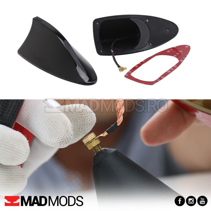 Antena scurta radio auto, Shark, Cu amplificare semnal, Negru lucios