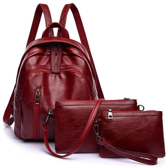 Дамска раница от висококачествена кожа с подарък малка чанта и портмон
