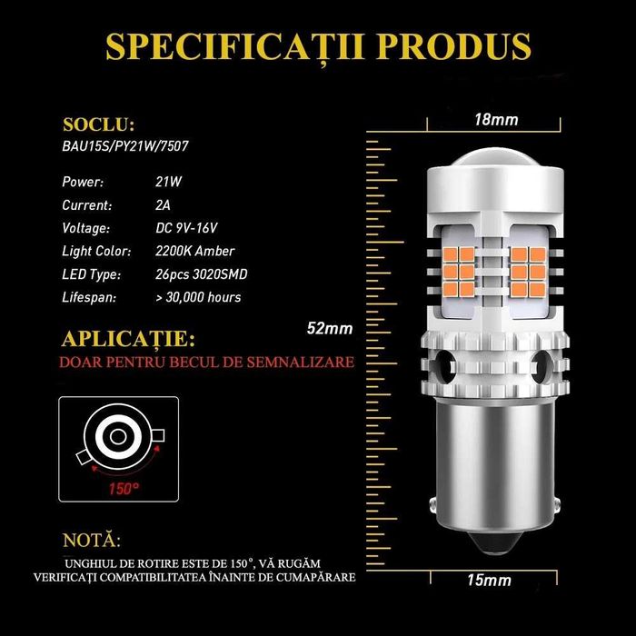 Set 2x Becuri LED Semnalizare AUXITO® BAU15S PY21W Canbus