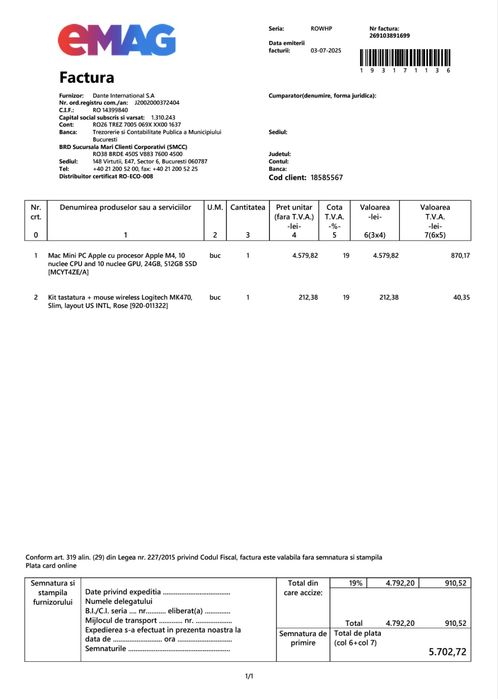 Mac Mini M4 CTO 24gb Ram 512gb Ssd Garantie Emag