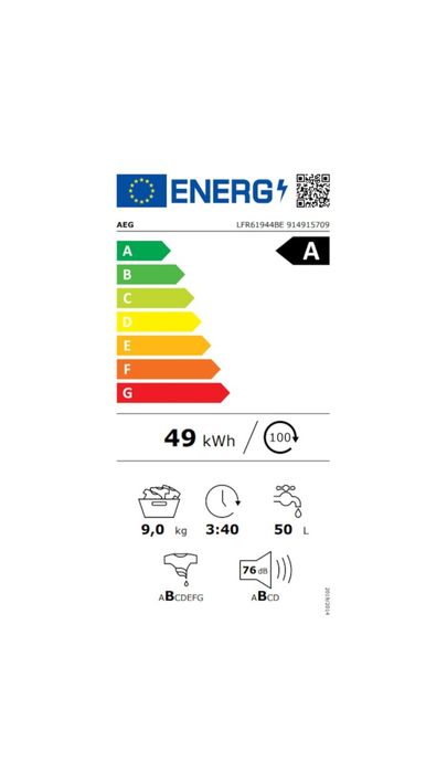 Masina de spalat rufe AEG SERIA 6000 LFR62944BE, 9 kg, 1400 rpm, Clasa A, ProSense, Motor Inverter, Display LED, Alb