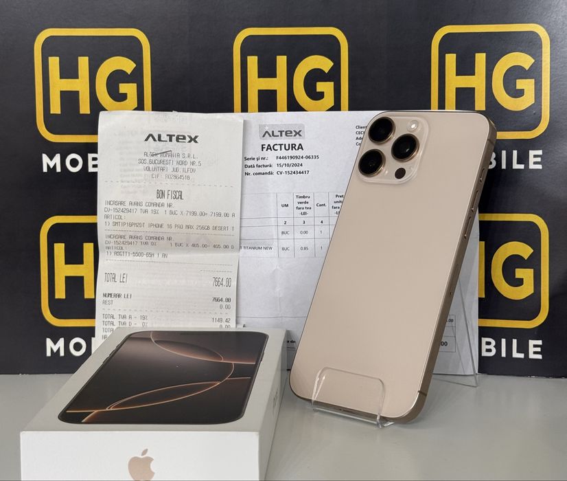 iPhone 16 Pro Max(Gold/Desert)-256GB, Stare Excelenta,Garantie 10-2026