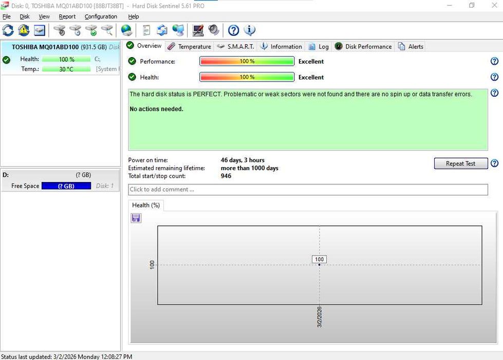 Хард диск TOSHIBA 1000 GB, 16 MB, SATAIII, 2,5", 100% здраве, 46 дни