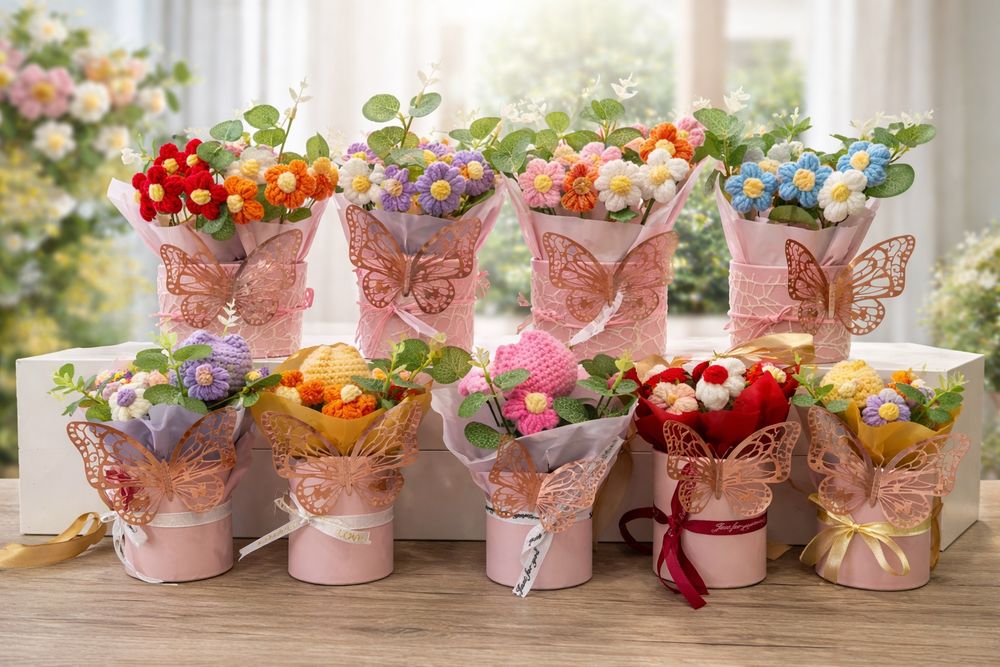 Ръчно плетени цветя, букети, подаръчни кутии/подарък handmade за жена