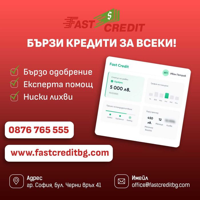 Бърз кредит с одобрение до минути – дори при лошо ЦКР!Бързи кредити.