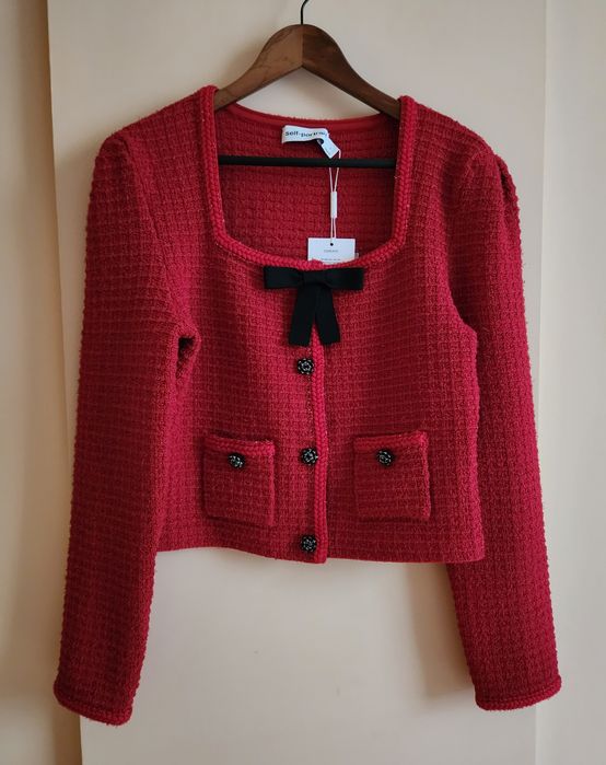 Self-Portrait L размер червено сако туид вталено плътно жилетка tweed