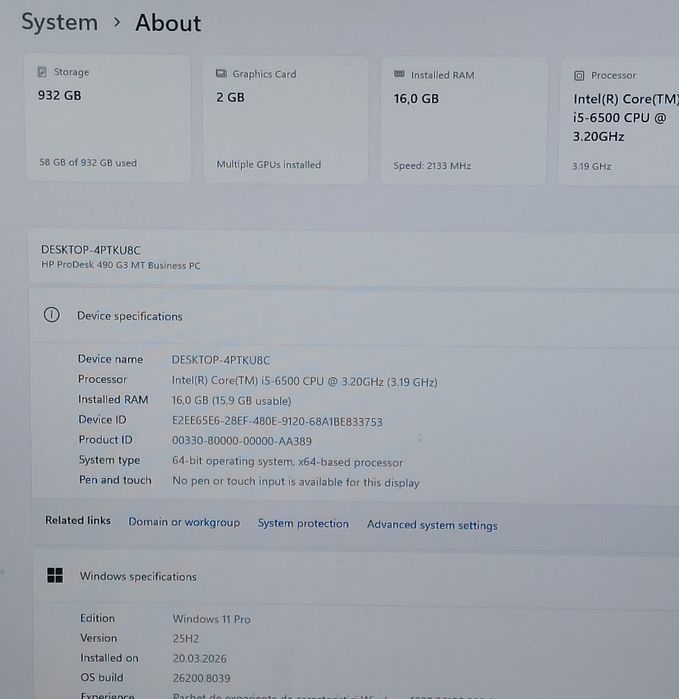 Unitate PC HP i5 6500 3,2Ghz, 16GB, 1TB SSHD, GTX 950 2GB Win11 Office