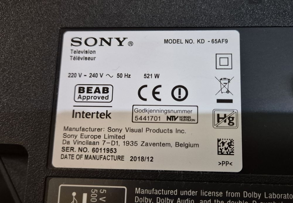 Sony KD-65AF9 OLED, Android, 4K, UltraHD, Smart, WiFi