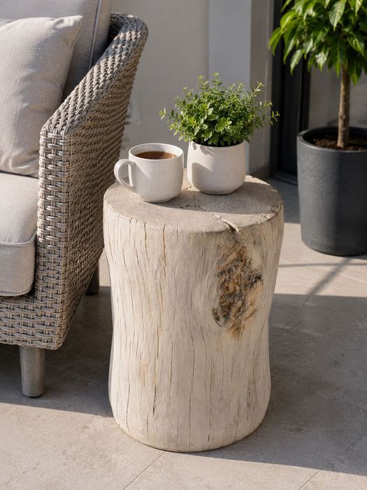 Masuta de cafea tip buturugă masa laterala din MGO, măsuță cafea interior/exterior, aspect lemn natural