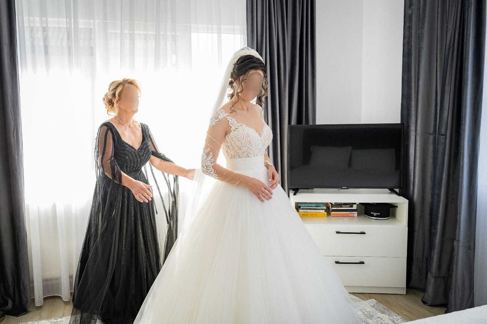 Rochie de mireasa superba, printesa, A line, comoda, cu maneca lunga