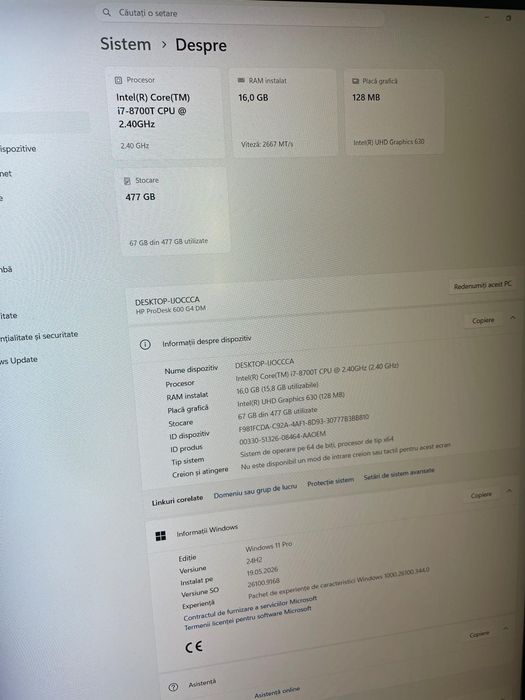 Vand Hp ProDesk 600 G4 cu i7 8700T