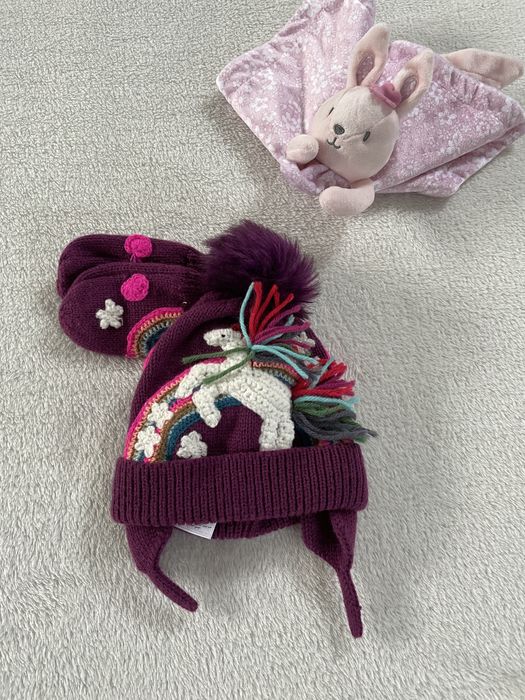 Лилава шапка и ръкавички за момиченце Next, нова с етикет, 3-9 месеца