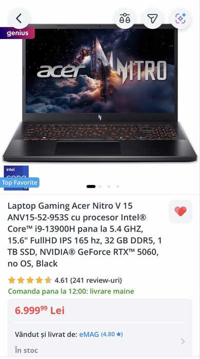 Acer Nitro V15 (Gaming) i9/1T ssd/8gb Video/32gb ram