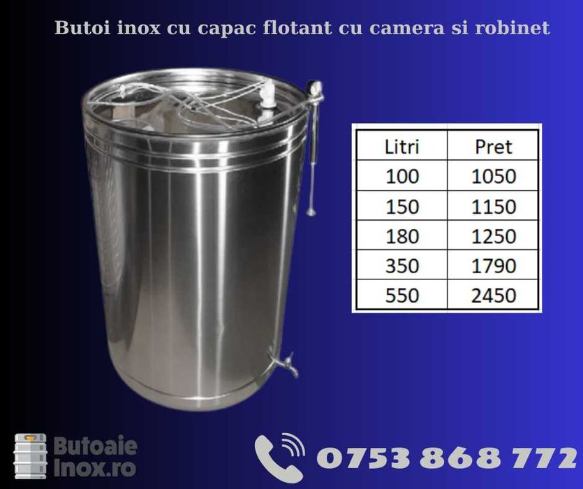 Butoi inox alimentar pentru vin 300 litri cu robinet