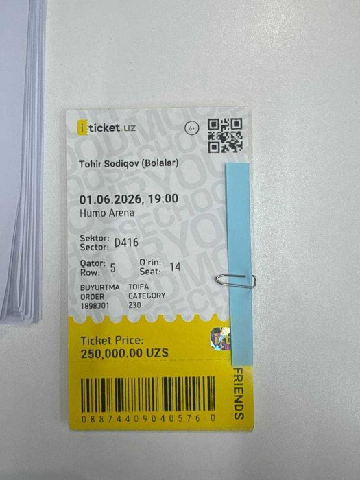 Tohir Sodiqov (Bolalar) Билет Humo arena
