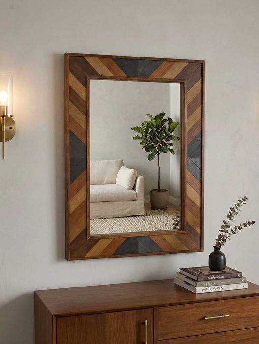 Oglindă decorativă Geometric Wood 80×60 cm cu Lamele din Stejar