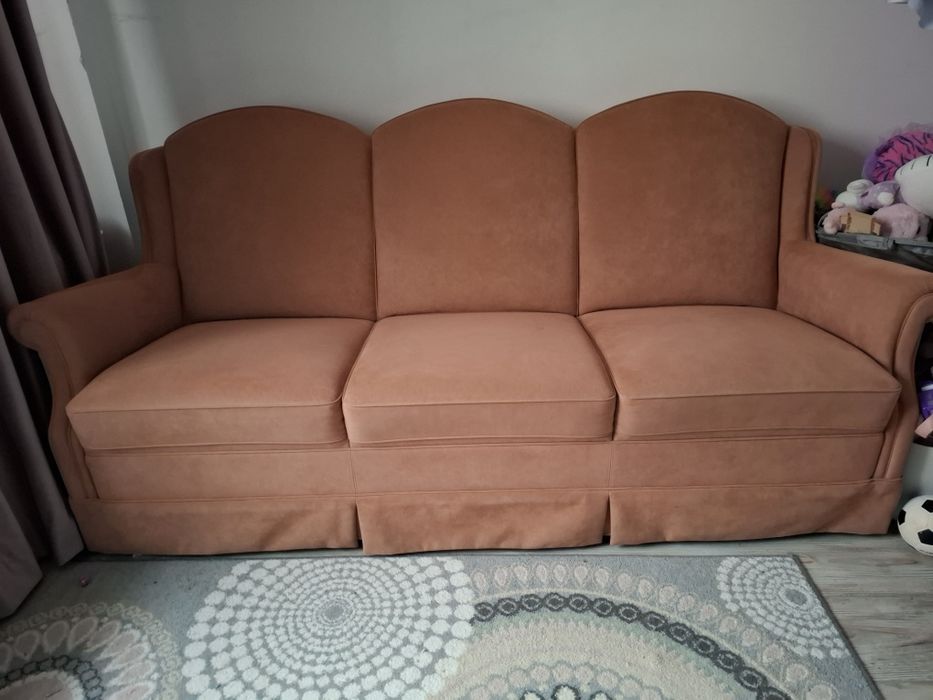 Canapea 3 locuri fixa, piele naturala alcantara, culoare coniac