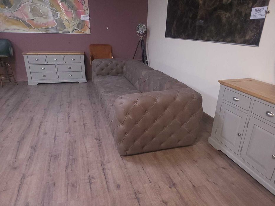 Дизайнерски кафяв кожен диван четворка Честърфийлд