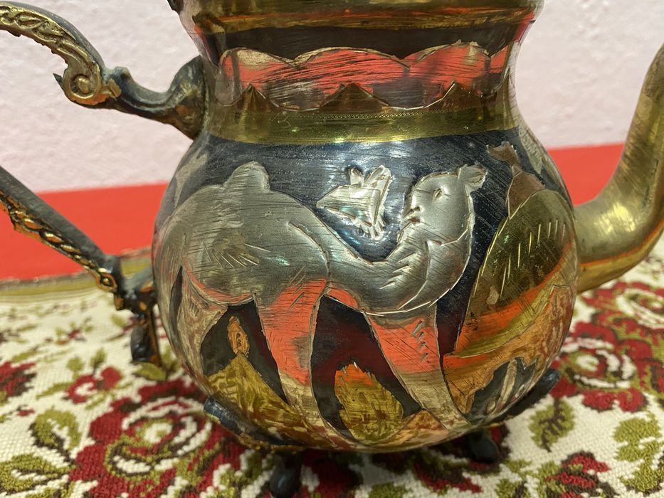 Месингов чайник Близък изток 1950 1970 ръчна украса птици