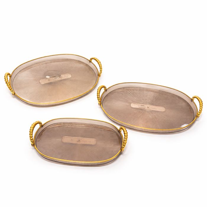 Set tavi servire 3 piese, tavi decorative plexiglas transparent, manere aurii, rotunde, elegante