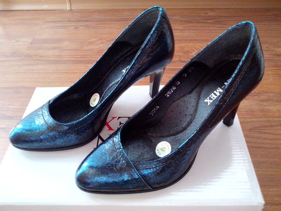 pantofi 37,piele naturala,marca Ann Mex,toc inalt,bleumarin metalizat