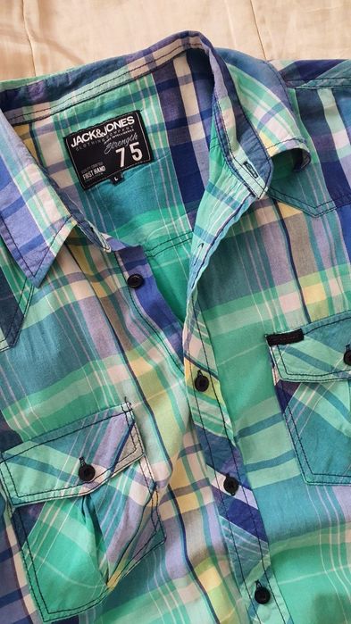 Jack & Jones L cămașă bărbați slim fit carouri verde albastru casual vară 100% bumbac Crafted