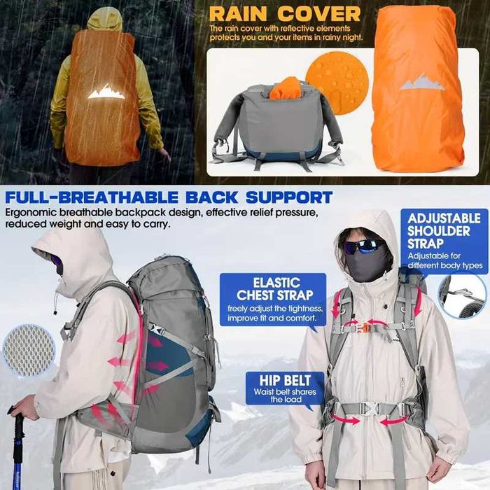 Професионална олекотена туристическа раница, непромокаема, 65+5 L