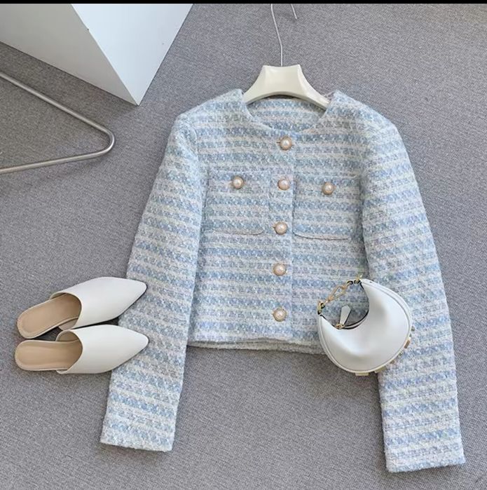 корейский шикарный женский твидовый базовый пиджак на пуговицах пальто