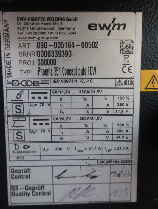 Заваръчен апарат, МИГ/МАГ, Телоподаващо, EWM Phoenix 351 Concept Pulse