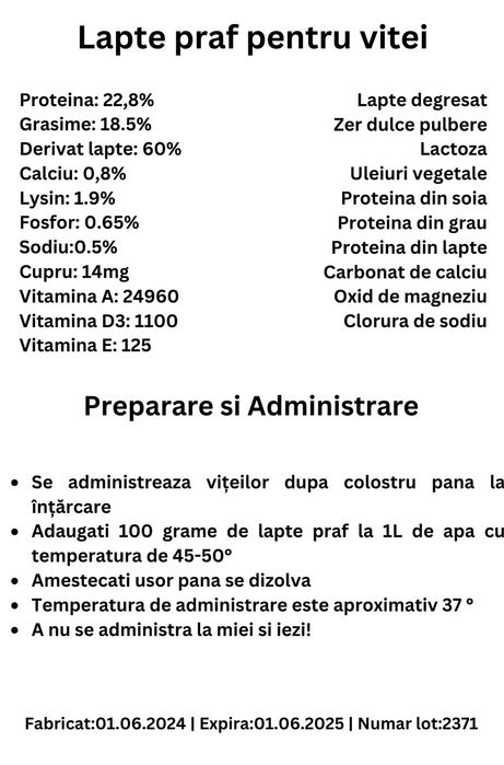 Lapte Praf pentru Vitei – 15 KG