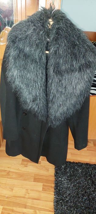 Vesta de blana lunga și palton cu blana artificiala Negru
